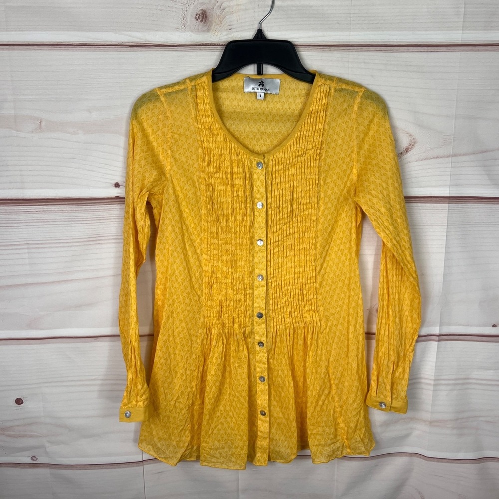 Ritu Kumar Top Womens 1 XS Yellow Button Up Shirt Pintuck Floral Long Sleeve